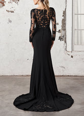 Black V-Neck Long Sleeves Lace Satin Mermaid Wedding Dresses-27dress